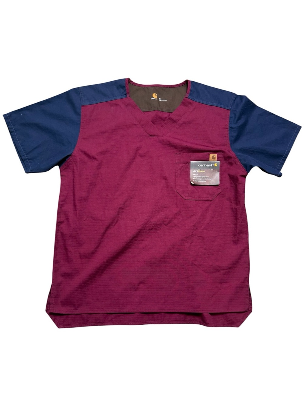 |NWT| CARHARTT Men’s Ripstop Scrub Top Burgundy Navy Colorblock V-Neck Medium - Picture 2 of 7